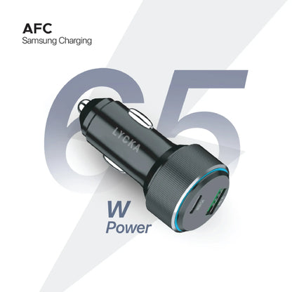 Lycka Rocket PD65W Car Adapter, Quick Charging, Dual Type-C & USB-A Ports, 65W Max Output