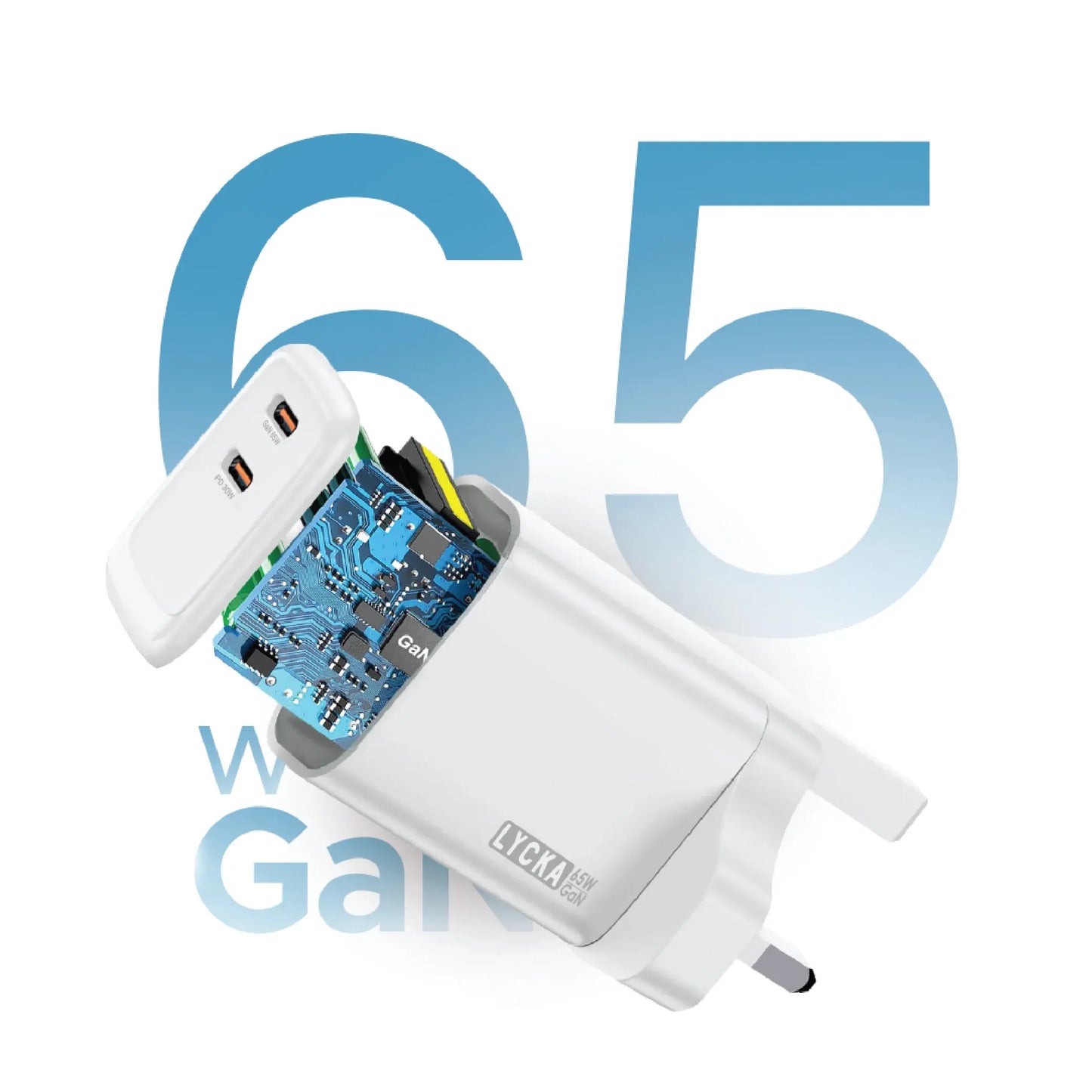 Lycka Boost 65W Laptop and Travel Adapter, Dual Type-C ports, Max 65W Output